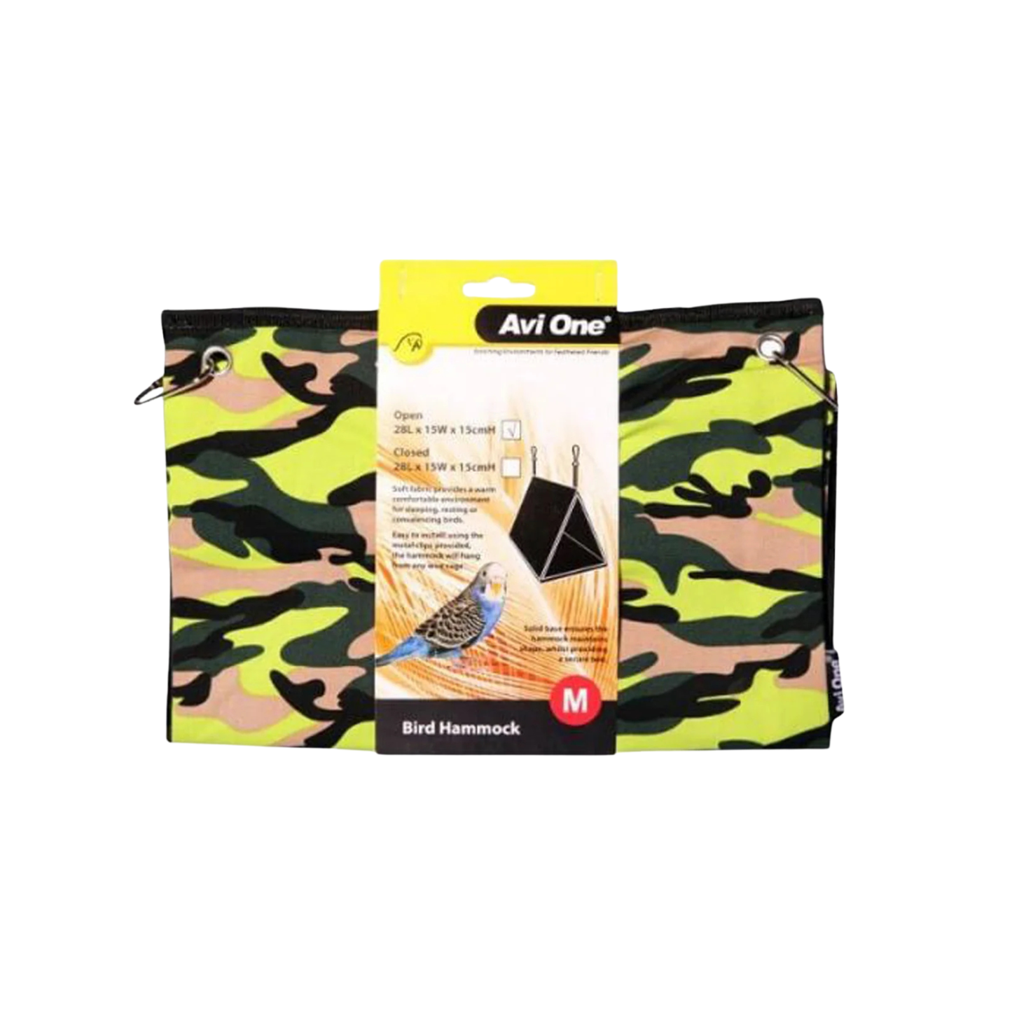 A camouflage-patterned bird hammock by Avi One, featuring a neon yellow, green, black, and tan camo design. The product is shown with its retail packaging card in the center against a plain white background.