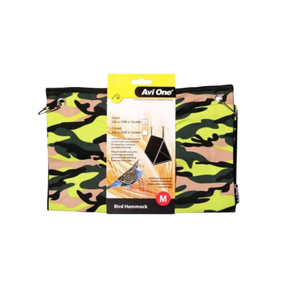 A camouflage-patterned bird hammock by Avi One, featuring a neon yellow, green, black, and tan camo design. The product is shown with its retail packaging card in the center against a plain white background.