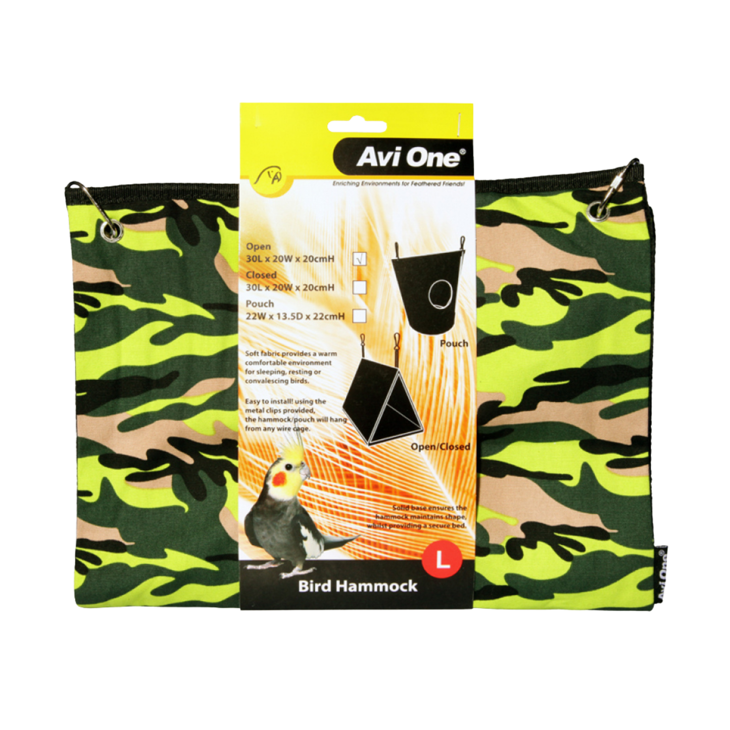 A camouflage-patterned bird hammock by Avi One, shown with its retail packaging card in the center. The hammock features a green, brown, and black camo design with metal grommets on the sides.