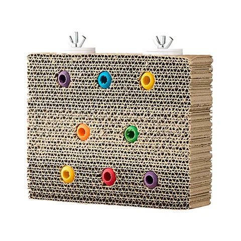 Cardboard bird toy with colorful beads on a white background