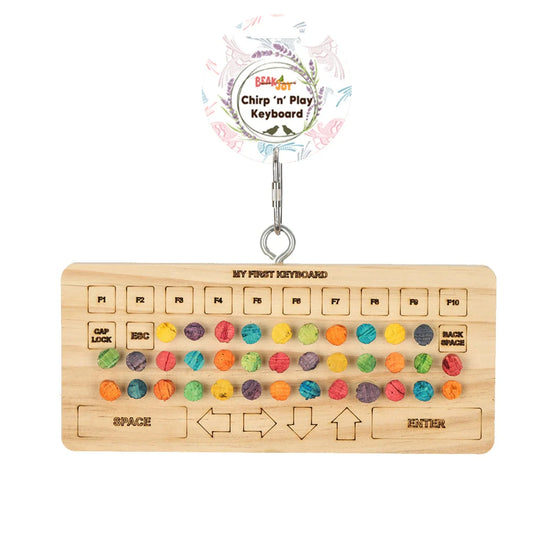 Wooden toy keyboard with colorful keys on a white background