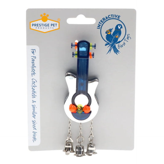 Prestige Pet Products interactive bird toy shaped like a guitar, featuring a blue neck, white body, orange beak detail, and three dangling silver bells on a gray retail card.