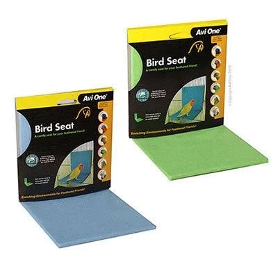 Two packages of Avi One Bird Seat perch pads shown on a white background, one with a blue pad and one with a green pad partially extended.