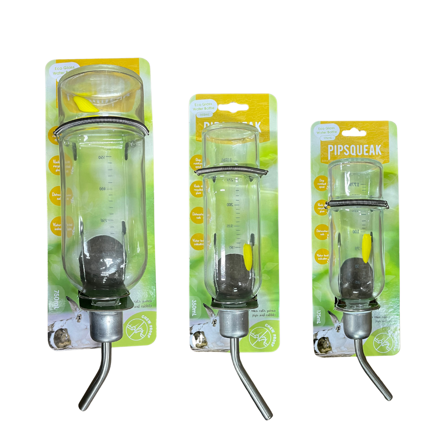 Three packaged pet water bottles in different sizes on a plain white background. The bottles are clear glass with metal nozzles and yellow accents, mounted on green and yellow retail cards labeled PIP squeak.