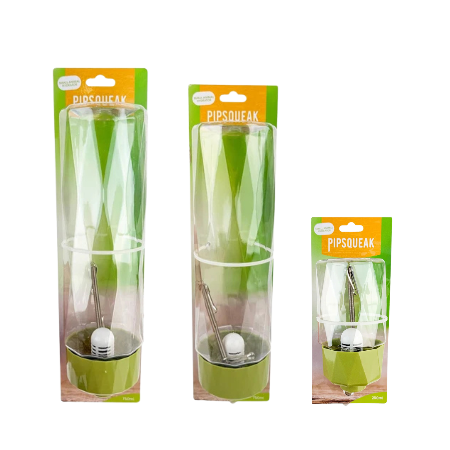 Three Pipsqueak novelty bathroom products in different sizes, packaged in clear plastic with green and orange backing cards on a white background.