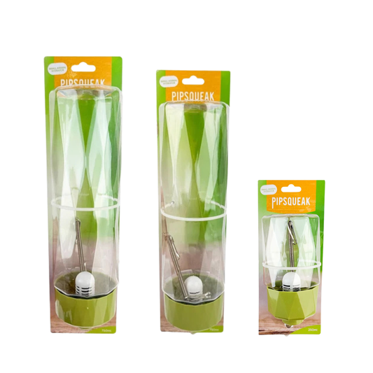 Three Pipsqueak novelty bathroom products in different sizes, packaged in clear plastic with green and orange backing cards on a white background.