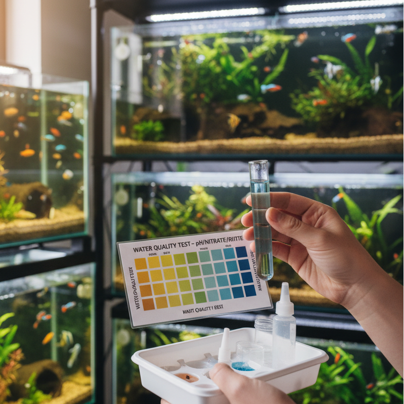 somone doing a test near fish tanks