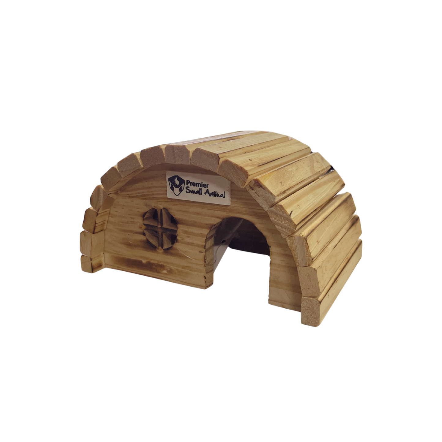 A small wooden shelter made from natural wood planks, shaped like a log cabin with a slanted roof and a circular cutout on the front. A label reading 'Premier Small Animal' is attached to the front.