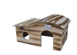 A small wooden house for small animals with a slanted roof, featuring two arched entry openings and a circular hole on the side, shown on a plain white background.
