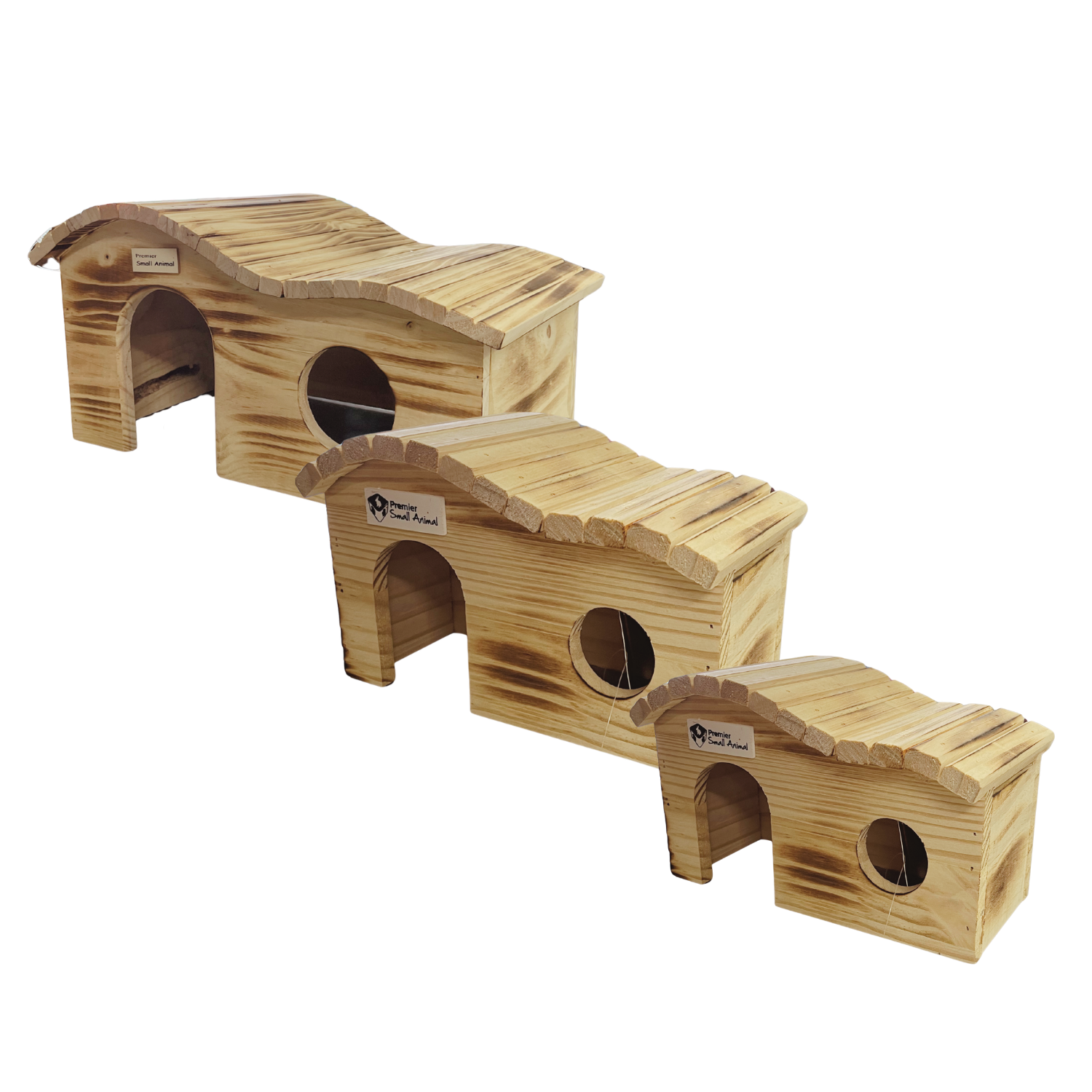 Three small wooden house-shaped climbing steps or pet perches made of natural pine wood, arranged diagonally on a plain white background. Each house has a curved roof, an arched entry opening, and a circular cutout.